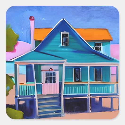 Sticker Carré Blue Beach House Vacances Art Quirky (Devant)