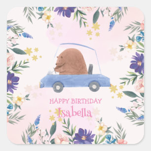 Sticker Carré Blue Bear Race car Fleur tropicale Fête d'annivers