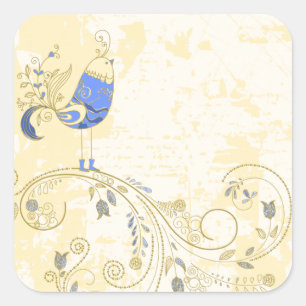 Sticker Carré Blue Bird Retro Floral Art