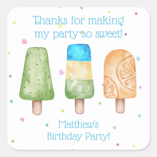 Sticker Carré Blue Boys Summer Popsicle Anniversaire Faveurs (Devant)