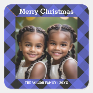 Sticker Carré Blue Buffalo Plaid personnalisé Photo Joyeux Noël