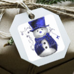 Sticker Carré Blue Christmas Snowman<br><div class="desc">Un joli autocollant fantaisiste,  portant son chapeau en velours bleu et son gilet assorti,  entouré d'étoiles bleues pour Noël.</div>