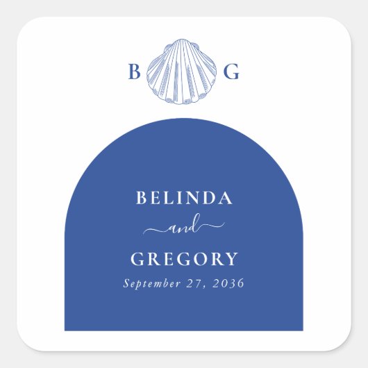 Sticker Carré Blue Clam Seashells Coastal Seaside Beach Wedding (Devant)