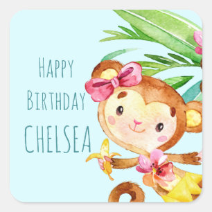 Sticker Carré Blue Cute Monkey Personnalisé Joyeux anniversaire