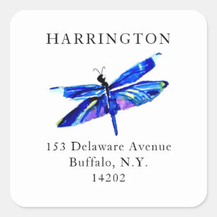 Sticker Carré Blue Dragonfly Watercolor Nature Adresse de retour