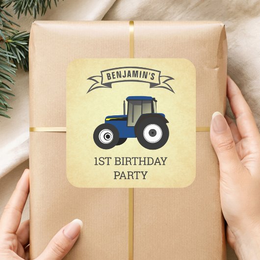 Sticker Carré Blue Farm Tractor Anniversaire de enfant Party