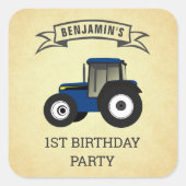 Sticker Carré Blue Farm Tractor Anniversaire de enfant Party (Devant)