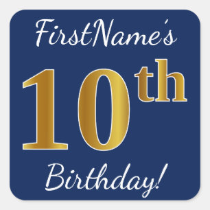 Sticker Carré Blue, Faux Gold 10e anniversaire + Nom personnalis