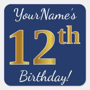 Sticker Carré Blue, Faux Gold 12e anniversaire + Nom personnalis