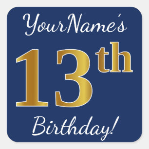 Sticker Carré Blue, Faux Gold 13e anniversaire + Nom personnalis