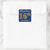 Sticker Carré Blue, Faux Gold 16e anniversaire + Nom personnalis (Sac)