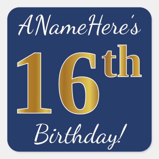 Sticker Carré Blue, Faux Gold 16e anniversaire + Nom personnalis (Devant)