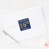 Sticker Carré Blue, Faux Gold 16e anniversaire + Nom personnalis (Enveloppe)