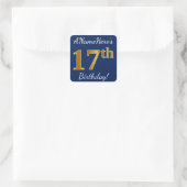 Sticker Carré Blue, Faux Gold 17e anniversaire + Nom personnalis (Sac)
