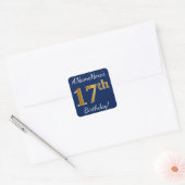 Sticker Carré Blue, Faux Gold 17e anniversaire + Nom personnalis (Enveloppe)