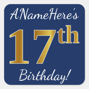 Sticker Carré Blue, Faux Gold 17e anniversaire + Nom personnalis