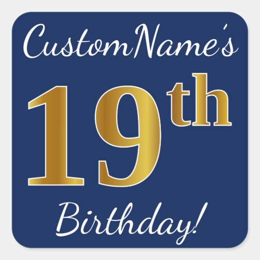 Sticker Carré Blue, Faux Gold 19e anniversaire + Nom personnalis (Devant)