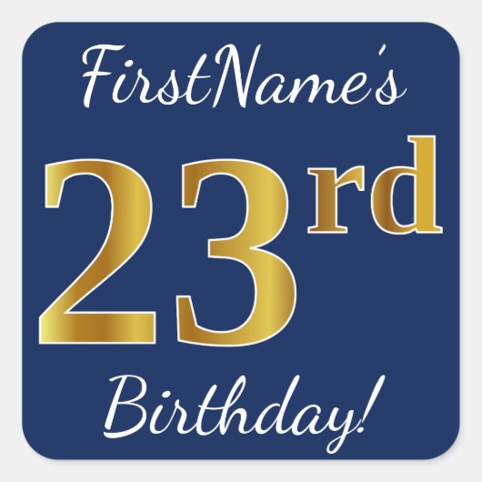 Sticker Carré Blue, Faux Gold 23e anniversaire + Nom personnalis (Devant)
