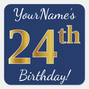 Sticker Carré Blue, Faux Gold 24e anniversaire + Nom personnalis