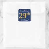 Sticker Carré Blue, Faux Gold 29e anniversaire + Nom personnalis (Sac)
