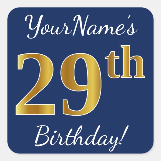 Sticker Carré Blue, Faux Gold 29e anniversaire + Nom personnalis (Devant)