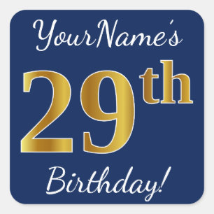Sticker Carré Blue, Faux Gold 29e anniversaire + Nom personnalis