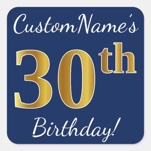 Sticker Carré Blue, Faux Gold 30e anniversaire + Nom personnalis (Devant)