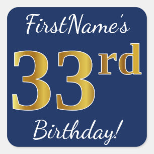 Sticker Carré Blue, Faux Gold 33e anniversaire + Nom personnalis