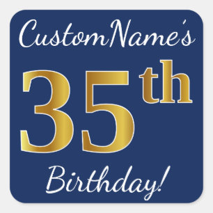 Sticker Carré Blue, Faux Gold 35e anniversaire + Nom personnalis