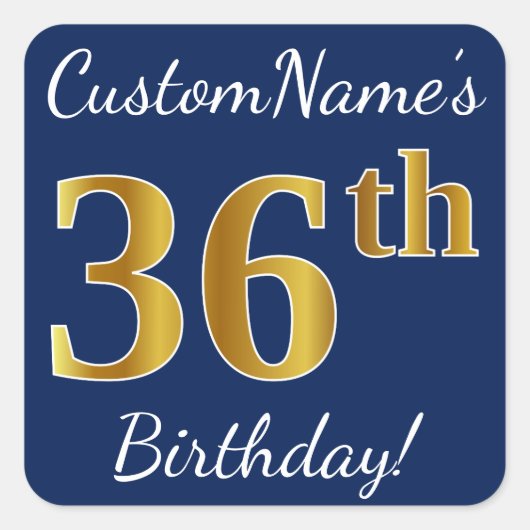 Sticker Carré Blue, Faux Gold 36e anniversaire + Nom personnalis (Devant)