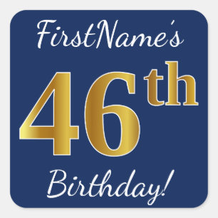 Sticker Carré Blue, Faux Gold 46e anniversaire + Nom personnalis