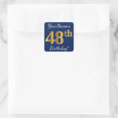Sticker Carré Blue, Faux Gold 48e anniversaire + Nom personnalis (Sac)