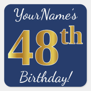 Sticker Carré Blue, Faux Gold 48e anniversaire + Nom personnalis