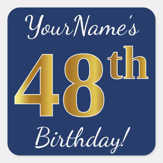 Sticker Carré Blue, Faux Gold 48e anniversaire + Nom personnalis (Devant)