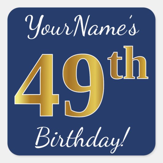 Sticker Carré Blue, Faux Gold 49e anniversaire + Nom personnalis (Devant)