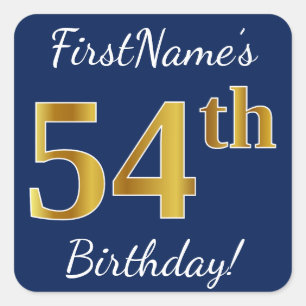 Sticker Carré Blue, Faux Gold 54e anniversaire + Nom personnalis