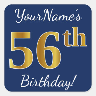 Sticker Carré Blue, Faux Gold 56e anniversaire + Nom personnalis