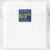 Sticker Carré Blue, Faux Gold 60e anniversaire + Nom personnalis (Sac)