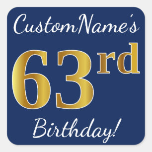 Sticker Carré Blue, Faux Gold 63e anniversaire + Nom personnalis