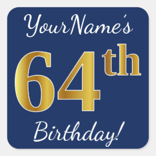 Sticker Carré Blue, Faux Gold 64e anniversaire + Nom personnalis