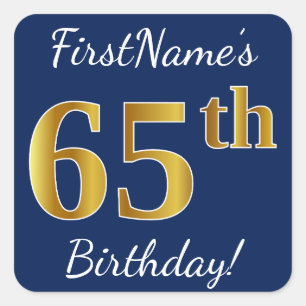 Sticker Carré Blue, Faux Gold 65e anniversaire + Nom personnalis