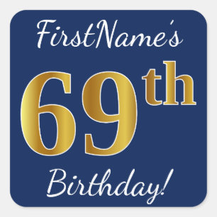Sticker Carré Blue, Faux Gold 69e anniversaire + Nom personnalis