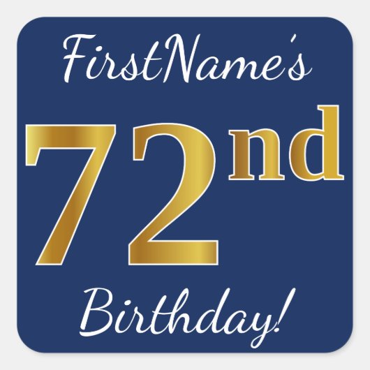 Sticker Carré Blue, Faux Gold 72e anniversaire + Nom personnalis (Devant)
