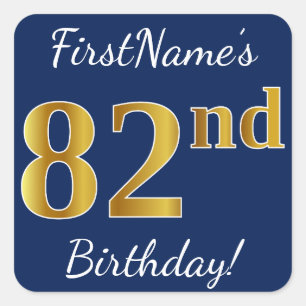 Sticker Carré Blue, Faux Gold 82e anniversaire + Nom personnalis