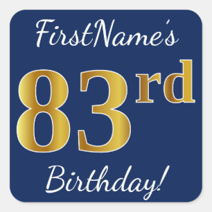 Sticker Carré Blue, Faux Gold 83e anniversaire + Nom personnalis