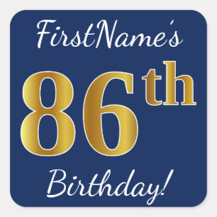 Sticker Carré Blue, Faux Gold 86e anniversaire + Nom personnalis