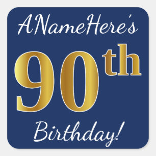 Sticker Carré Blue, Faux Gold 90e anniversaire + Nom personnalis