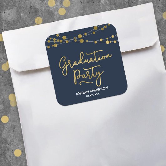 Sticker Carré Blue Faux Gold Strings of Lights Graduation Party