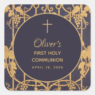 Sticker Carré Blue First Communion Boy Gold Graphe Vines