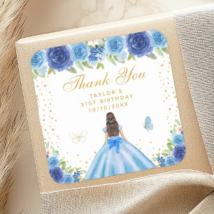 Sticker Carré Blue Floral Brunette Hair Princess Anniversaire